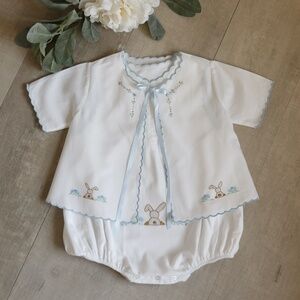 RARE!!! Strasburg White & Blue Embroidered Romper Set Vintage Bunny 0/3 Months